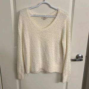 Loft V neck white fuzzy sweater